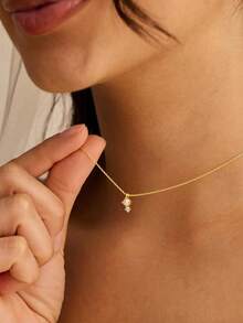 14K Gold Plated Round Pearl & Zirconia Necklace & Earrings Set, Elegant & Fashionable, Hypoallergenic, Perfect Gift For Women - Gold - View 3