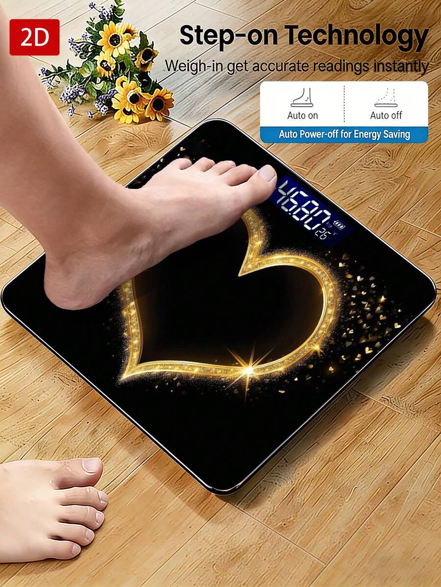1 pezzo Bilancia elettronica con display LED, bilancia da bagno piatta 2D a forma di cuore dorato, piattaforma di pesatura decorativa - Adatta per uso a lungo termine, soddisfa le esigenze di pesatura domestica, regalo per Natale, Capodanno, San Valentino, utilizza batterie AAA (batterie non incluse)
