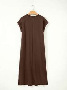Acelitt Brown Casual Straight Mid-Length Dress, Women's Round Neck Short Sleeve Side Slit T-Shirt Dress, Suitable For Daily Wear Elegant Summer - Brown - View 3