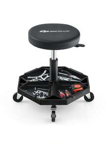 Black Heavy-Duty Adjustable Height Rolling Stool With Tool Tray Storage 330 LBS Capacity - as Pic - View 4