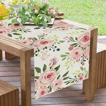 1pc Watercolor Pink Rose Table Runner, Green Leafy Floral Print Country-Style Table Runner, Wedding And Bridal Party Decoration Long Table Cloth, Suitable For Kitchen Parties And Home Decor - Pink - View 7