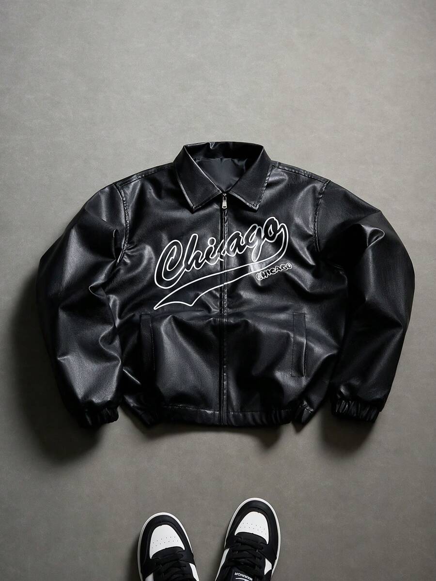 Men's PU Leather Autumn/Winter Casual Fashion Letter Print Jacket - Black - View 1
