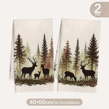 MEMNUN 2 Pcs Misty Watercolor Fir Forest Deer Print Kitchen Towels, Dish Towels, Hand Towels, Dish Cloths, Home Decor, Kitchen Decor, Cooking Baking Hand Towels, Kitchen Accessories, Machine Washable, Cleaning Supplies, Suitable For Restaurant Kitchen, Home Decor And Gifts, All Seasons - Multicolor - View 2