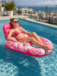 Inflatable Pool Lounger, Mesh Seat Water Float, Cooling Floating Bed For Swimming Pool, Tropical Leaf Design - Pink - View 3
