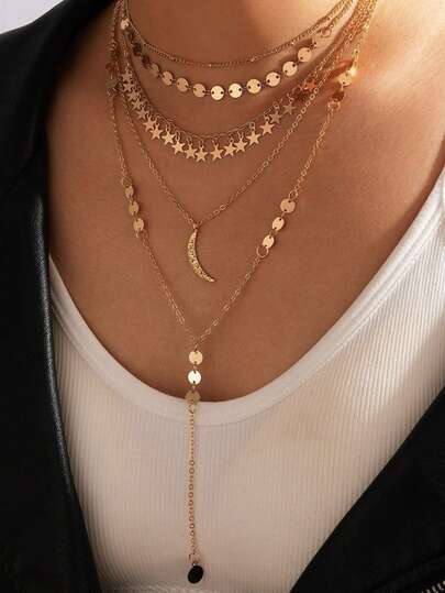 1pc Multi-Layer Round Disc Star Y-Shaped Collarbone Necklace Women's Necklace Set Suitable For Girls Daily Wear, Dating, Vacation, Wedding, Festival, Casual Wear And Special Occasions, Birthday Gift, Mother's Day, Valentine's Day