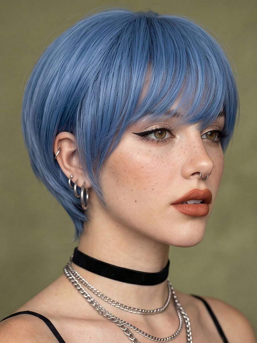 Fog Blue Layered Short Bob Wig, Natural Fluffy Straight Hair Matte Synthetic Fiber Wig With Bangs, Harajuku Egirl Style Wig, Suitable For Daily Wear And Anime Cosplay - Multicolor - View 1