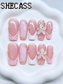 Shecass 10 pièces Faux ongles à coller faits main, longueur courte, convient pour les vacances d'été et la fête de remise des diplômes - Multicolore - Voir 1