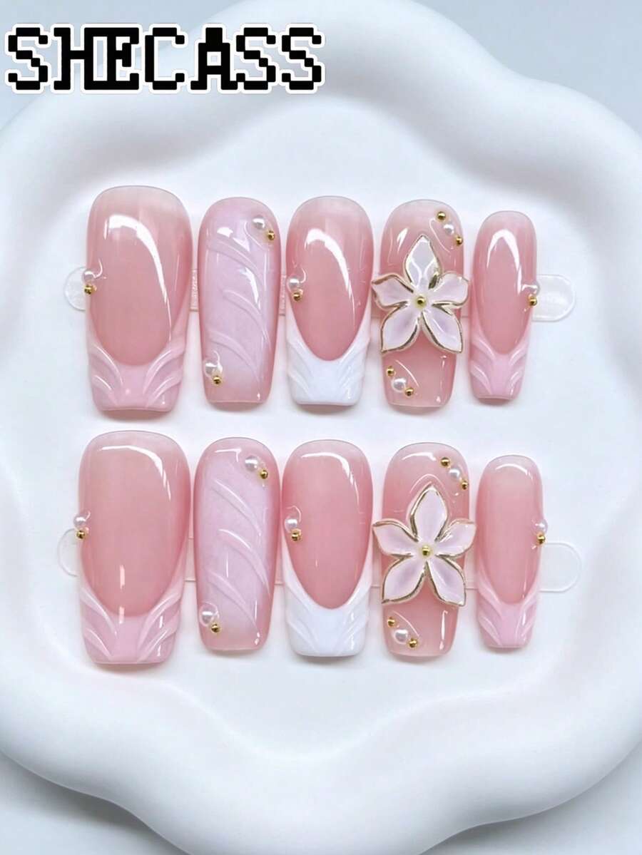 Shecass 10 pièces Faux ongles à coller faits main, longueur courte, convient pour les vacances d'été et la fête de remise des diplômes - Multicolore - Voir 1