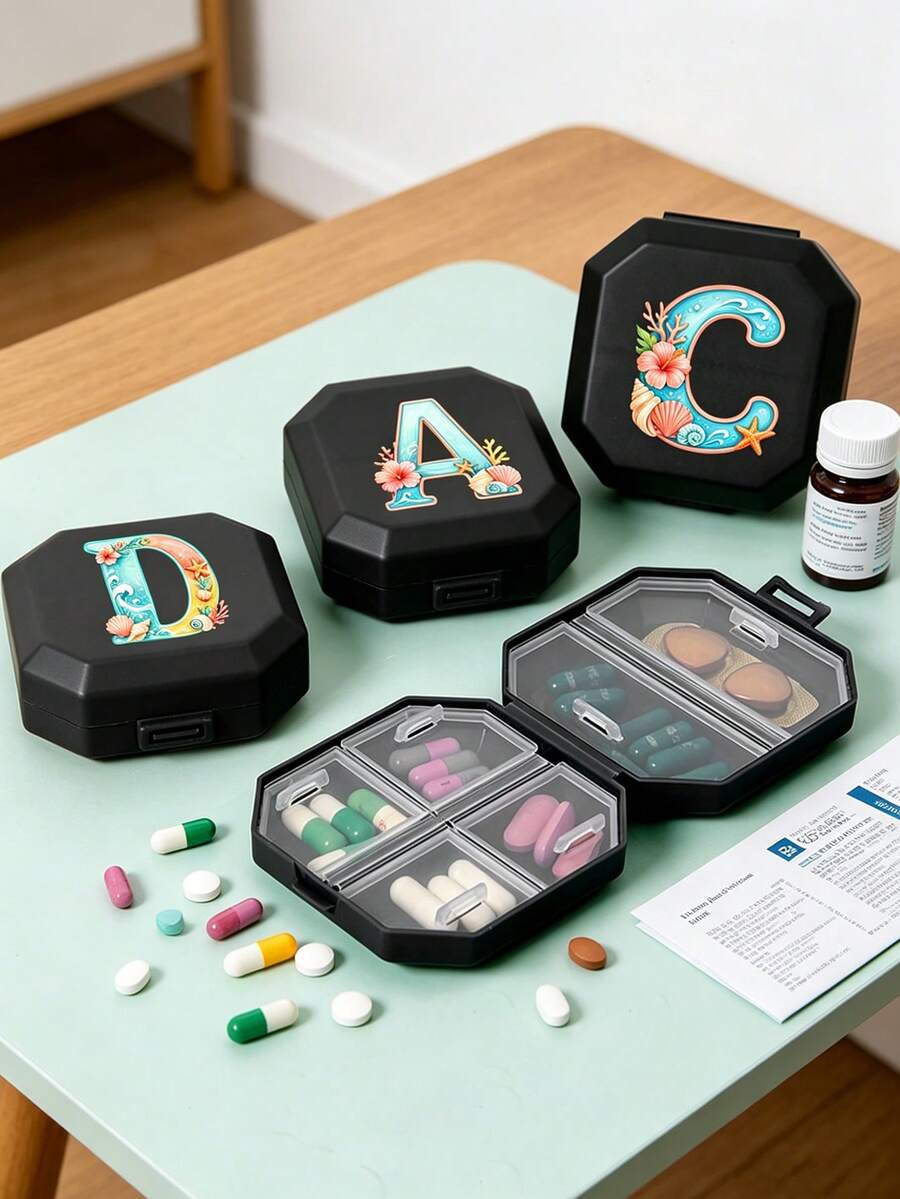 Ocean Floral A-Z Pattern Portable Compartment Pill Box, Portable Medical First Aid Bag, Capsule Storage Box, Travel Pill Box, Pill Storage, Travel Mini Pill Box, Moisture-Proof Tablet And Vitamin Container Dispenser Storage, Home Camping, Outdoor Hiking, Back To School, Pill Box, Pill Container, First Aid Kit, Medical Box, Travel Accessories, Dorm Essentials Box - Multicolor - View 1