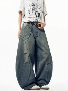 Modcrash Justice Brother 1pc Japanese Style Casual Men's Denim Cocoon Pants, Versatile Personalized Beaded Washed Fashion Wide Leg Loose Long Pants Fall/Autumn/Winter - Blue - View 5