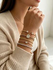 5PCS Vintage Luxury Rhinestone Bracelet Gold Thin Chain Bracelet Multi-Specification Rhinestone Inlaid Layered Bracelet Set For Women - Gold - View 1