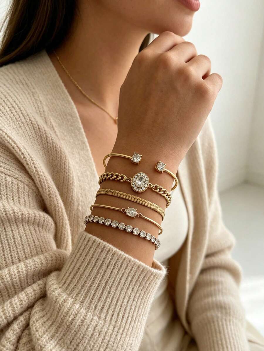 5PCS Vintage Luxury Rhinestone Bracelet Gold Thin Chain Bracelet Multi-Specification Rhinestone Inlaid Layered Bracelet Set For Women - Gold - View 1