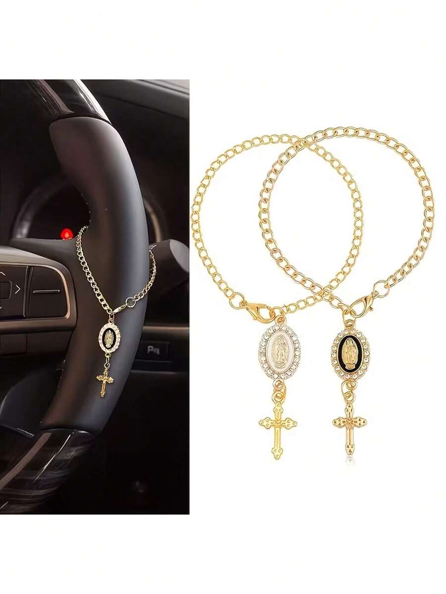 1/2pcs Steering Wheel Hanging Ornament With Cross Pendant - Catholic Religious Car Decoration For Driving Protection And Rearview Mirror Decoration | Vehicle Gift, Car Hanging Decor - A - View 1