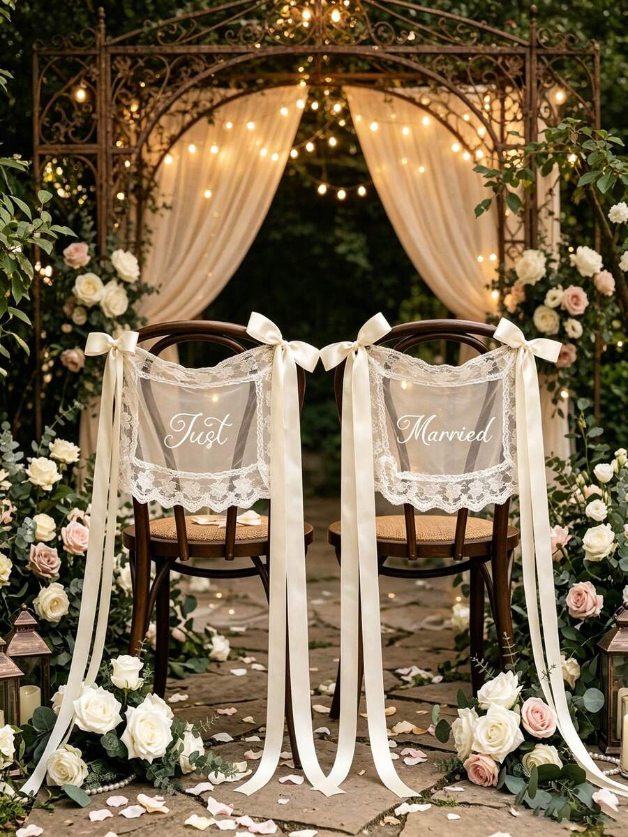 1pc Ivory Lace "Just Married" Chair Back Decor With Long Satin Ribbon Bow, Suitable For Groom & Bride Banquet Chairs, Church Ceremony, Bridal Party, Wedding Couple Chairs Decoration And Photo Backdrop Chair Decor - Off-white - View 1
