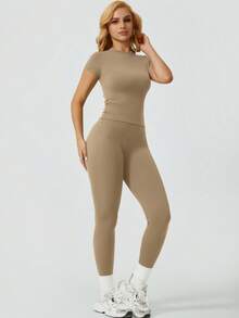 NcmRyu One Set Women's Solid Color Elastic Round Neck Short Sleeve Long Pants Sports Set - Yellow - View 5