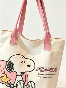 SNOOPY 1pc Printed Yellow Canvas Tote Bag, Large Capacity, Suitable For Travel, Shopping And Daily Life, Ideal Gift For Birthday, Valentine's Day, Back To School And Graduation - A - View 5