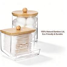Tbestmax 10 Oz Cotton Swab/Ball/Pad Holder With Vanity Tray, Qtip Apothecary Jar, Bathroom Containers Dispenser Storage 3 Pack Wood Lids - 3pcs(竹蓋棉籤罐) - 查看 2