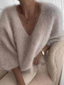 Women's Deep V-Neck Pullover Mohair Knit Sweater, French Slouchy Soft Fluffy Solid Color Loose Versatile Top Fall - Light Grey - View 1