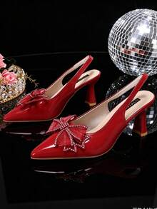 1 Pair European Women's Closed-Toe High Heel Sandals, Shiny Mirror Soft PU + Shiny Mesh Clover Decoration, Pointed Toe Stiletto Heel Slip-On Design, Fashionable Elegant Princess Style Wedge Sandals, Suitable For Daily Wear, Shopping, Holiday, Date, Outdoor, Spring/Summer New - Red - View 2