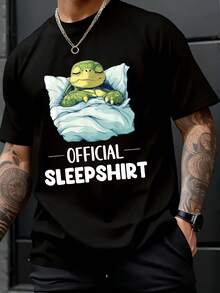 Men'S Official Pajamas Funny Sleeping Turtle Graphic Tee - Soft, Breathable Crew Neck T-Shirt, Casual Street Style, Perfect Gift For Animal Lovers, Bl - Black - View 2