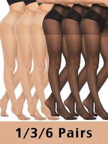 1 Stück/3 Stück/6 Stück Damen transparente seidige Leggings, ultra-dünne Strumpfhose mit hoher Taille und verstärkten Zehen, geeignet für 40-60 kg, Taille 75 cm oder weniger, Hüfte 95 cm oder weniger - Verschiedenfarbig - Übersicht 7