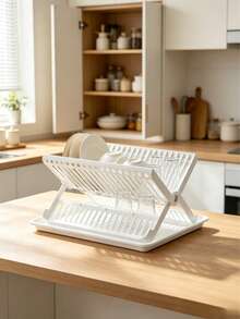 Égouttoir à vaisselle pliable, disponible en plusieurs couleurs, conception de rangement à plusieurs niveaux avec plateau d'égouttage pour éviter l'accumulation d'eau sur les comptoirs, facile à ranger, construction en plastique minimaliste idéale pour le rangement de la cuisine - Voir 3