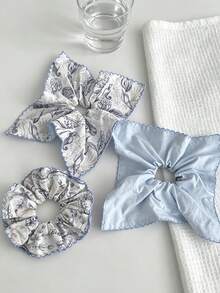 1pc Blue Ocean Print Square Scarf Scrunchie, Gentle & Sweet Versatile Hair Tie For Women - Multicolor - View 3