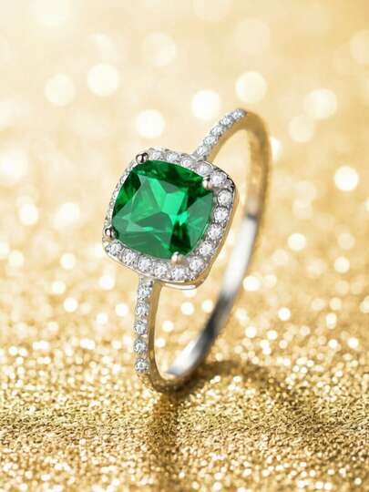 1 pièce Bague de mariage luxueuse en platine plaqué argent 925 avec zirconium vert, design carré en sucre, bijou élégant de niche, cadeau pour la petite amie