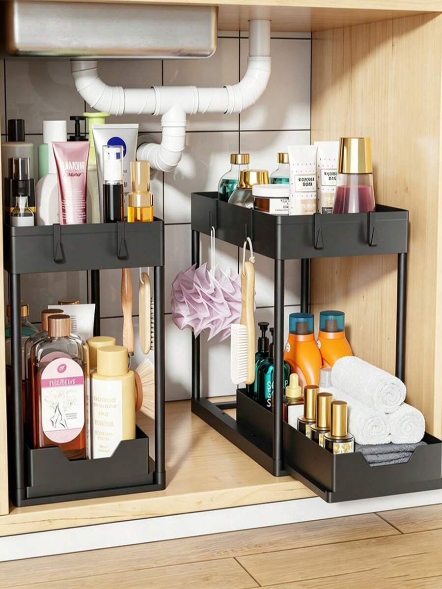 1pc Under Sink Storage Rack, Pull-Out Sliding Storage Cabinet, 2-Tier Shelf Under Sink Organizer, Suitable For Kitchen And Bathroom, Multi-Functional Storage Rack