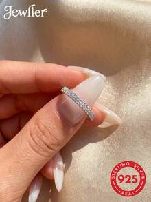 1pc S925 Sterling Silver Double Row Crystal Ring, Elegant Jewelry Gift - Double Row Full Drill - View 2