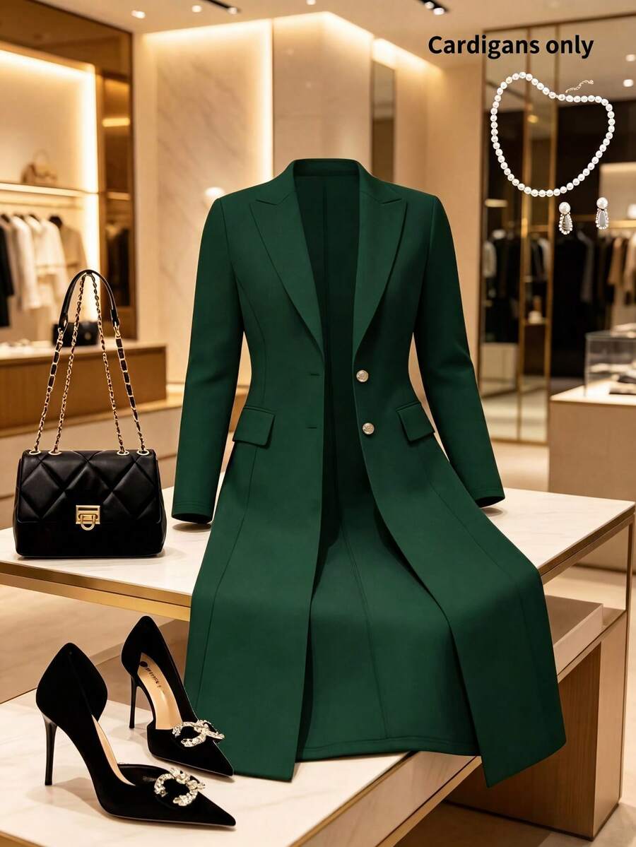Plus Size Women's Elegant Solid Color Minimalist Versatile Long Cardigan, Black, Suitable For Spring, Summer And Autumn - Dark Green - View 1