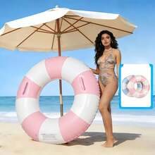 1 Adult Double Back-To-Back Floating Bed, Striped Inflatable Swim Ring For Water Park Floating, Lifebuoy (Handle Color Random), New Design Pink Inflatable Swim Ring With Handles, Summer White And Pink Inflatable Ring - 彩色 - 查看 2