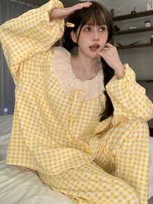 2pcs/Set Women's Pajamas Loungewear Set, Korean Style Casual Plaid Print Matching Set, Long Sleeve Long Pants, Suitable For Home And Casual Wear - Yellow - View 7