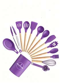 5/12/14/36pcs Kitchen Cooking Utensils Set,Non-Stick Silicone Cooking Kitchen Utensils Spatula Set With Holder, Wooden Handle Silicone Kitchen Gadgets Utensil Set - Multicolor - View 26