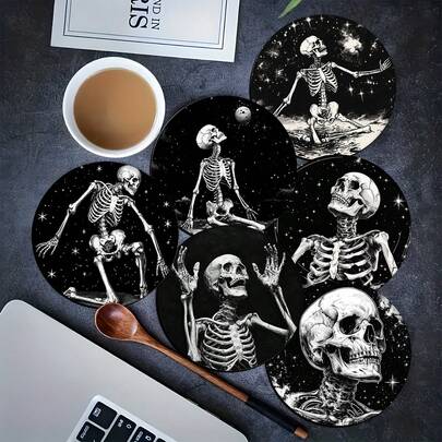 6pcs Black And White Skeleton Diatom Mud Non-Slip Coaster Set – Cup Coasters, Coffee Cup Coasters – Suitable For Home And Restaurant Decor, Exquisite Birthday Or Holiday Gift, Table Decor, Home Supplies, Holiday Decor, Room Decor, Home Decor, Theme Party Decor, Halloween Decor