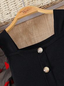 Girls' Spring/Autumn Fashion Sweet Heart Mesh Patchwork Square Neck Puff Sleeve Long Sleeve Top & Elastic Waist Skirt 2-Piece Set, Suitable For Daily Casual Outings - Black - View 4