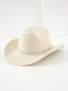 1pc Women's Solid Color Rhombus Sequin Decor Western Cowboy Hat, Elegant Casual Fedora Hat For Travel, Party, Gathering, Suitable For Daily Wear - White - View 2