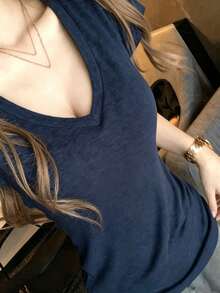Navy Blue V-Neck Slim Fit Short Sleeve T-Shirt, Korean Style Sexy Slimming Versatile Top - Navy Blue - View 5