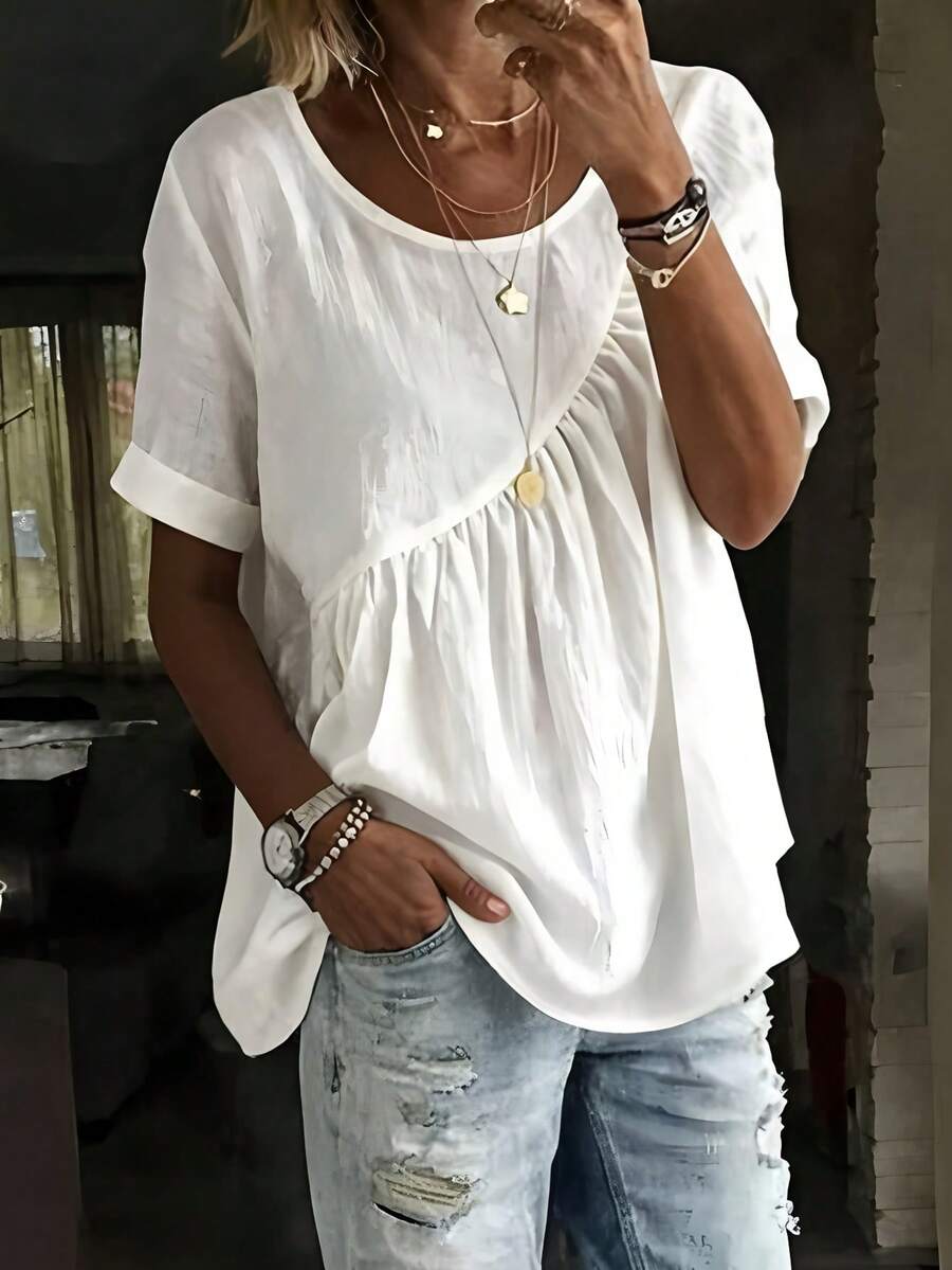 夏季素色圓領寬鬆短袖女上衣 壓褶邊緣休閒日常T恤 - 白色 - 查看 1