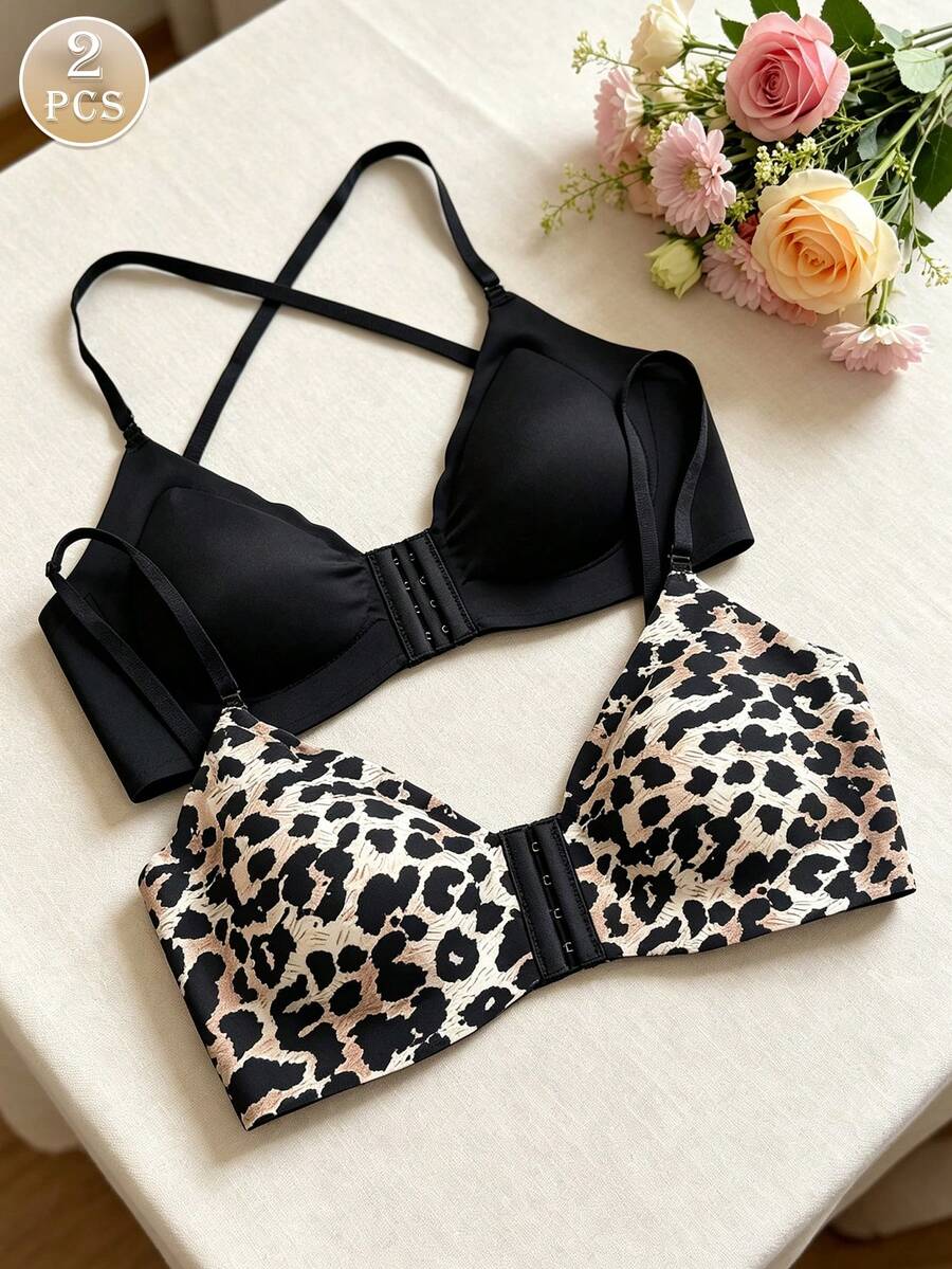 2pcs Front Closure Bra, Women's Criss-Cross Back Strap, Sexy Back Design, Multiple Wearing Styles, Comfortable Bra - Multicolor - View 1