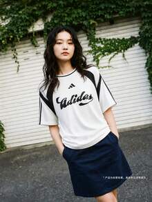 Adidas Women's W HER TEE Short Sleeve Knit Collarless T-Shirt TKB6126 - Black and White - View 2