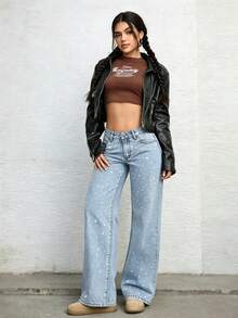 Jeans de mezclilla de pierna ancha y holgada con pedrería para adolescentes - Lavado ligero - Ver 4