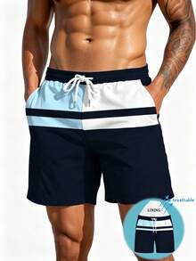 Men's Colorblock Print Mesh Lining Drawstring Elastic Waist Slanted Pocket Casual Fashion Beach Shorts - Multicolor - View 2