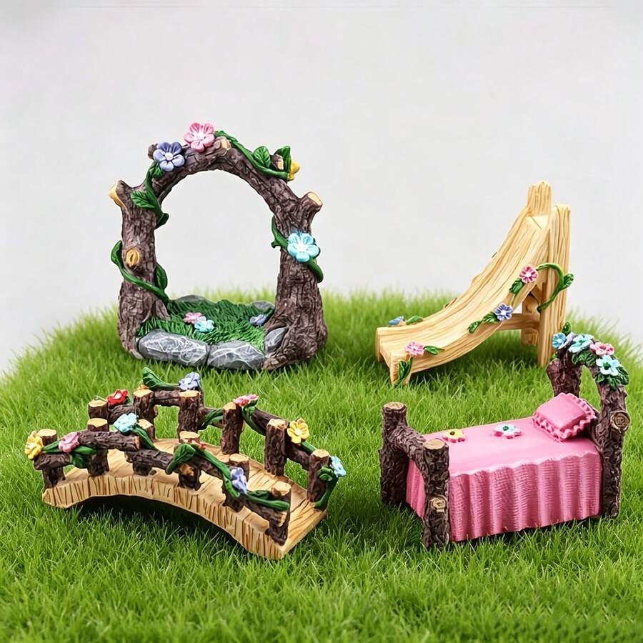 1pc Arch Bridge Sliding Window Micro Landscape Decoration, Mini Slide, Flower Bed And Arch Bridge, Resin Craft, For Fish Tank Scenery, Fairy Garden, Garden Decor, DIY Micro Landscape And Dollhouse Decoration - Multicolor - View 1