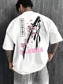 Herren Japanisches Sakura Samurai Schwert Grafik T-Shirt, Oversized Locker Geschnittenes Tee, Streetwear Lässiges Sommer Top - Negro - Ver 1