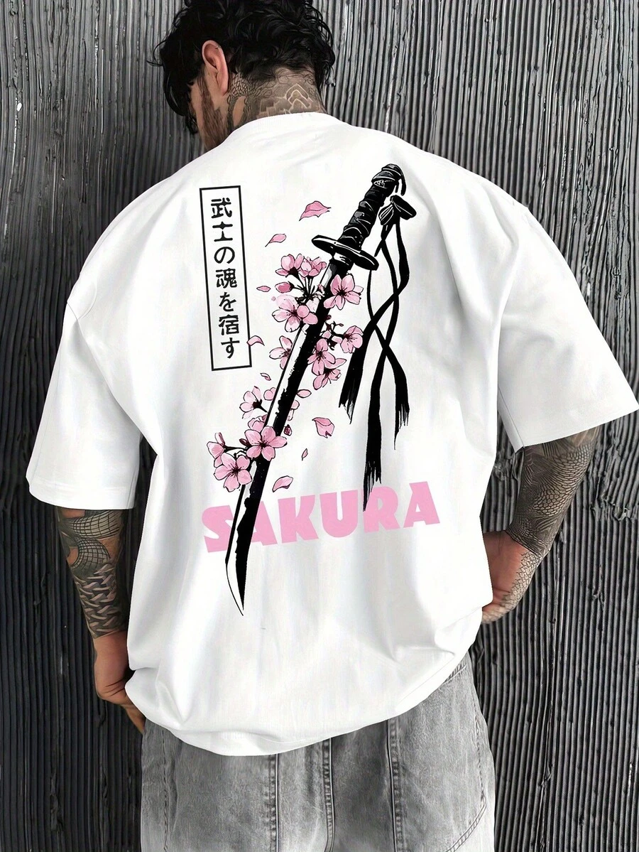 Herren Japanisches Sakura Samurai Schwert Grafik T-Shirt, Oversized Locker Geschnittenes Tee, Streetwear Lässiges Sommer Top - Negro - Ver 1