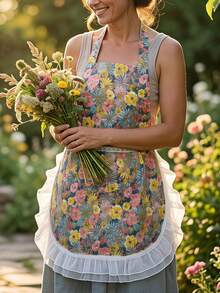 1pc Multicolor Floral Lace Trim Apron, Women's Apron, Fashionable, Breathable, Flower Arrangement Apron, Home Apron, Suitable For Kitchen Cooking, Baking, Gardening, Party Scenes, Lightweight, Household Style - Multicolor - View 1