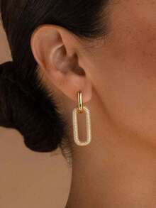 1 Pair Fashion Metal Paperclip Square Chain Link Pendant Earrings, Lightweight Minimalist Aesthetic Women's Jewelry, Suitable For Daily Wear - Gold - View 3