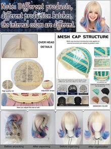 Peruca Sintética Bob Curta Ondulada Ombré Raiz Loira Pastel Rosa Azul para Cosplay, Role Play, Festa, Feriado, Fantasia, Acessório de Cabelo e Uso Diário, Halloween - Multicolorido - Visão 10