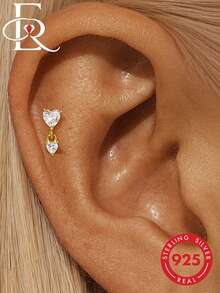 EleRunis 1pc 925 Sterling Silver Heart Shaped Double Stud Earrings, Flat Ear Cartilage Piercing Elegant Jewelry, Suitable For Daily Wear, Wedding, Party, Engagement, Anniversary, Valentine's Day - Gold - View 2